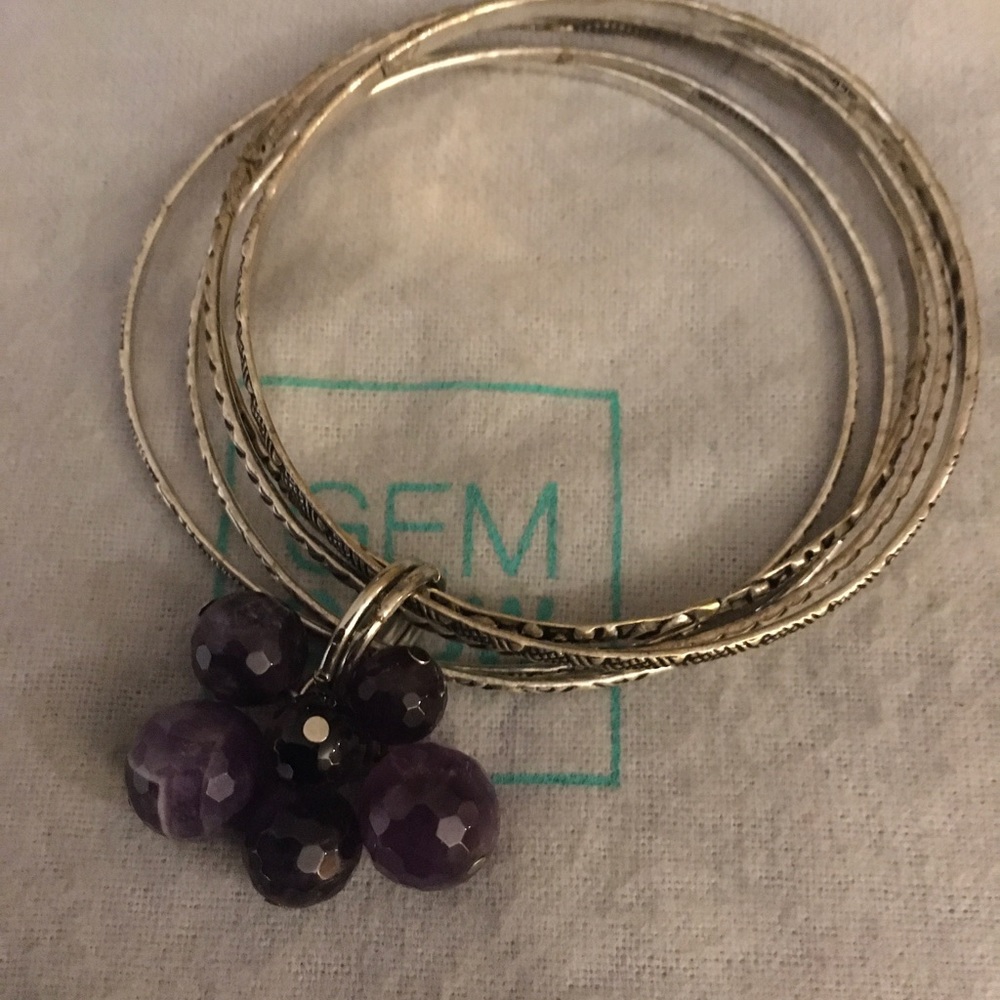 925 Sterling silver (5) bangle bracelets with real Amethyst beads
